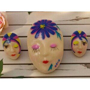 Vintage 80s Art Deco Figural Face Flapper Brooch Earrings Set Handpainted Artsy